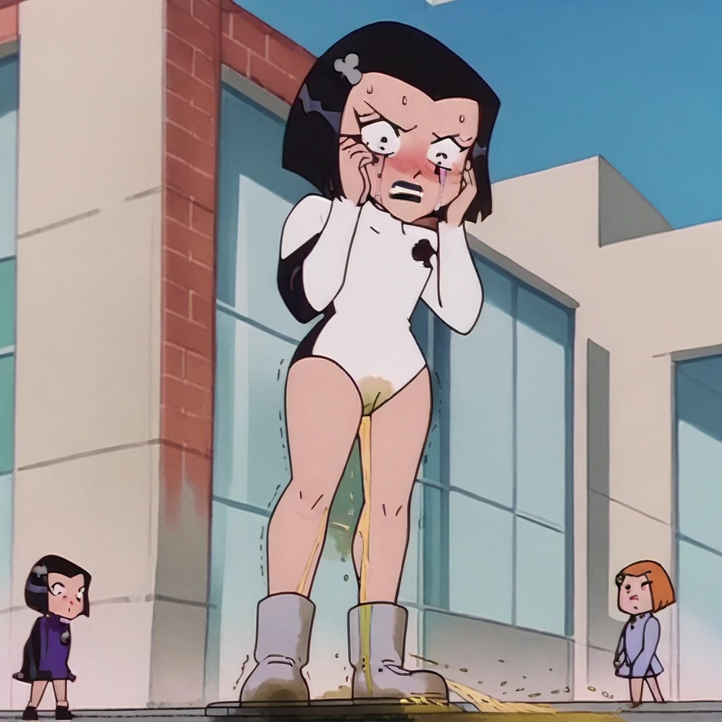 ((chibi, SD, large head)),ace, ((1girl,, solo)), black hair white leotard, short hair, hairclip, black lipstick, long sleeves,full body, grey boots, bob cut,club \\(shape\\) ,score_9, score_8_up, score_7_up, score_6_up, score_5_up, score_4_up city, cityscape, (((cameltoe))), standing, seen from below, looking down, trembling,((wetting self, pee stains, puddle)), looking down ,hands on cheeks, shocked expression, clenching teeth, blushing, sweating, crying