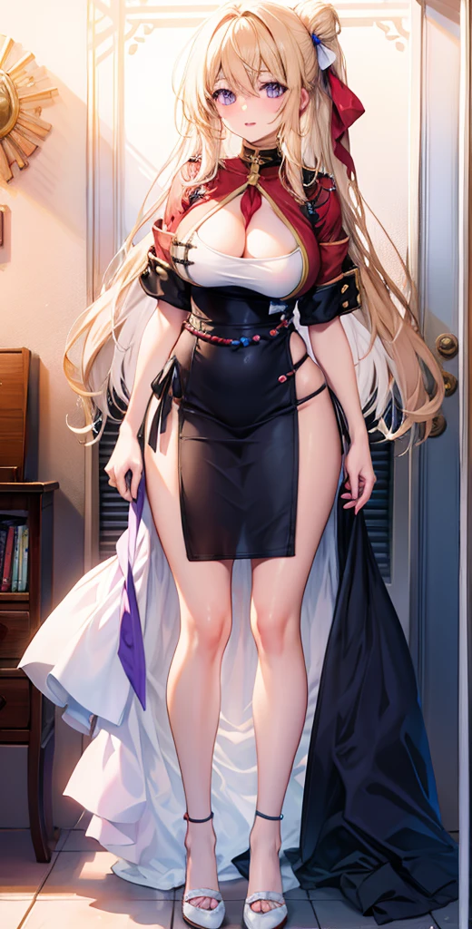 girl,Large Breasts,long hair,Topless,Bow,Blonde hair, Purple Eyes, Cleavage,Large Breasts