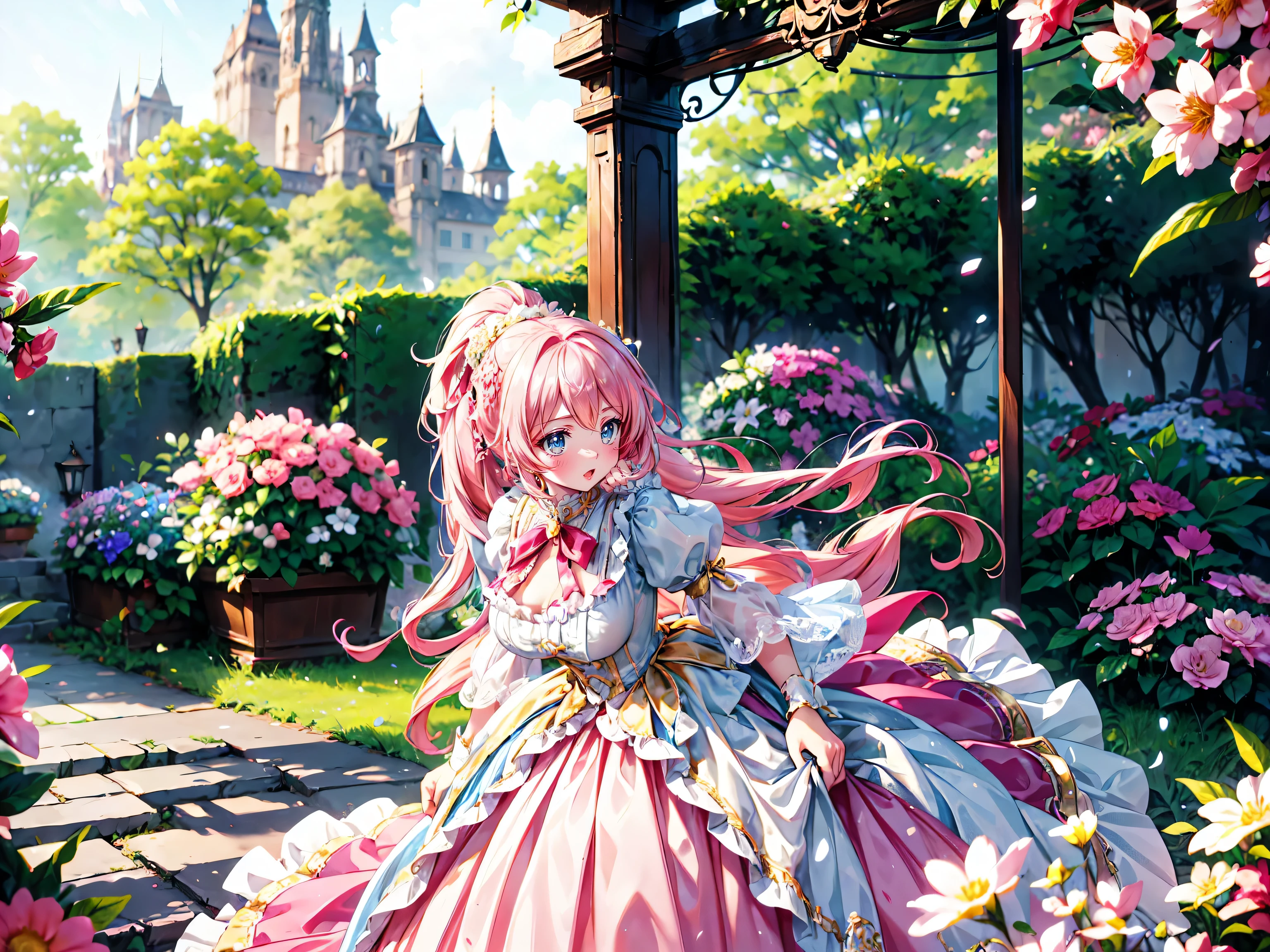 anime moe art style, ((Masterpiece, ultra detailed, exquisite quality)), (((young face solo princess))), (dress light yellow dress), (((ultra elaborate gorgeous rococo victorian gown with voluminous hoopskirt and long hems and lot of frills and pleats dense lace and cute ribbon, princess style skirt, ultra lovely gown))), (((hair pink hair))), ((fluffy long ponytail)), (Expressive very voluminous hair), ((huge breasts)), breasts cleavage, (((leaning forward, looking up, from above, front view))), super delicate face, kawaii face, (hyper detail delicate eyes, hyper beautiful eyes), (eyes blue eyes), (((So lot's of colorful flowers))), ((face focus, eyes focus, blurry background:1.5)), (isometric 3D:1.3), particle effect,