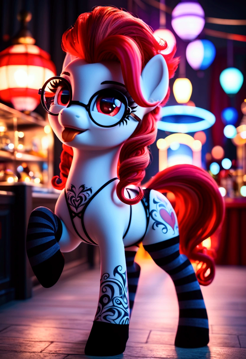 radiant lighting, vibrant colors, whimsical atmosphere, 8K, high resolution, highly detailed, masterpiece, (((my little pony))), four stockings, (red hair, white body, red eyes) cute face, tongue out, striped stockings, standing on four hooves, cool glasses, showing butt, ((a lot of tattoo on body:1.3)), goth style, ((sexy exotic panties))