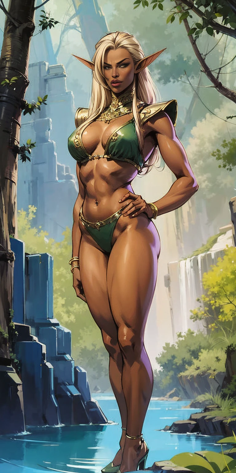 (Masterpiece, plain background:1.2) Female full body, standing straight symmetrical feet together, blood dark elf, dark skin, long messy white hair, short elf ears, circlet, yellow eyes, 1990s (style), female 1sologirl slingshot micro bikini, barefoot, bare handcuffs, shackles wristbands, bracers, bracelets, pauldrons metal shoulders