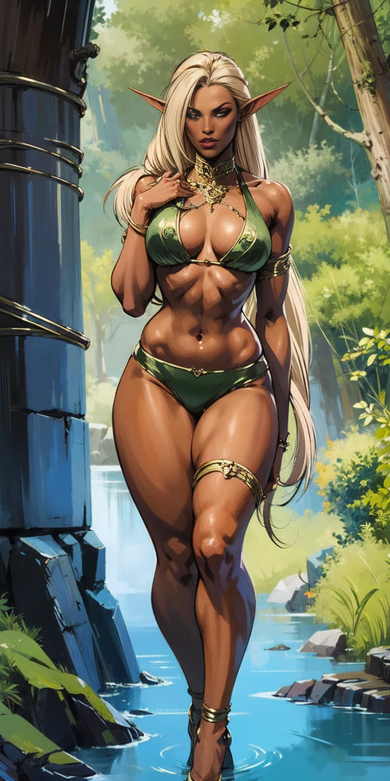 Extremely detailed Artgerm style: This sets the overall artistic style with a high level of detail. Fantasy art: This specifies the genre. Goddess of the green forest: This defines the character's role and gives context to the setting. Woman with long, elf ears: This incorporates the elf features. Black skin: This specifies the character's race. Ornate bikini armor: This combines the skimpy clothing with a fantastical, protective element. Blue high heels standing straight symmetrical: This suggests the color of the bikini and potentially the water body. Long, messy blonde hair: This adds a detail that contrasts the Artgerm style, which is typically more polished for hair.