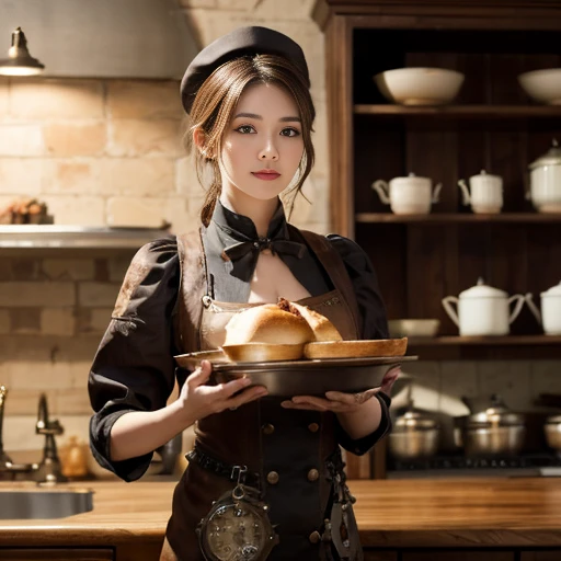 A photorealistic picture of a beautiful steampunk chef, wearing chef's hat and brown steampunk clothes, holding a tray of food and standing in a steampunk kitchen, slim, slender, beautiful
