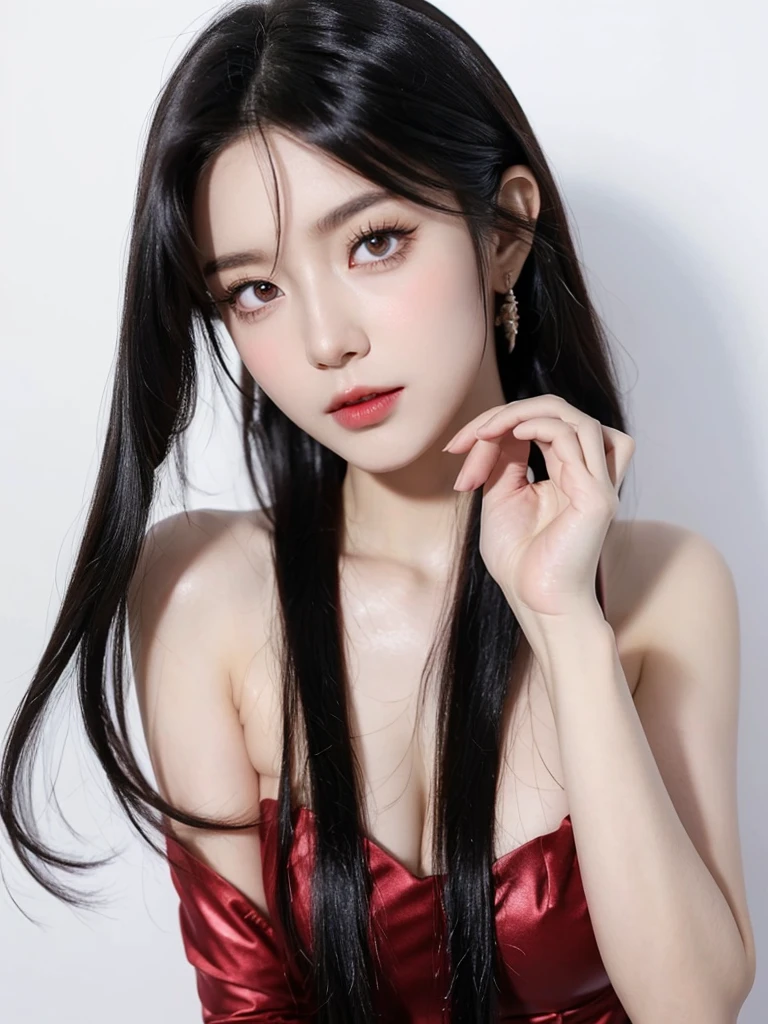 (((Yor briar)))from spy x family anime series,Mappa, white background ,black hairs,her usual outfit, expressive eyes, innocent yet confident look, , beautiful tsundere look,pale skin,red lips,
Clear white background, big breasts,beautiful big eyes , perfect composition