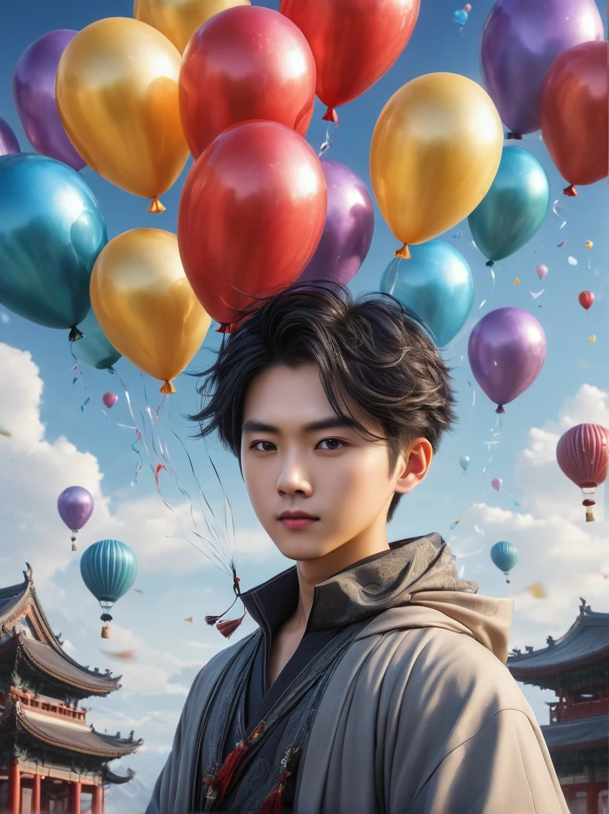 (Imagine:1.3), (full-body shot:1.5), (宽of_shooting:1.4),(满of_shooting:1.4),(Aleksi Briclot) style:1.3),Character concept design,在这张充满梦幻of温馨图片中,(纯真of笑容:1.2),(明亮of眼神:1.1),(一个仿佛置身于奇妙of童话世界:1.1),(他of表情充满了好奇与惊喜:1.2),就像探索一个未知of神秘乐园,他of眼睛闪烁着星星般of光芒,周围是五彩斑斓of气球,(Starting from the top of your head, it spreads all over the sky:1.2),就像被欢乐环绕后洋溢of幸福,头发就像一团柔软of云朵,形成了一个可爱of形状,蓝色of图案和装饰仿佛来自天空,轻盈并点缀在他of衣服上,Like a gentle breeze,Balloons floating,By his side,清晰of星星图案仿佛闪耀着光芒,呼应他身上of欢乐元素,形成了一个奇妙of童话场景,the 温暖of background highlights the joy and excitement of the boy,(欢乐of气氛:1.3),(蓝色of:1.3),(明亮of:1.2),(of:1.1),(Colorful balloons:1.1),(明亮of of:1.1),(symmetry:1.4),(神奇of幻想力量:1.7),Sweet candy,Colorful candy wrapper,(enclose_Body:1.4),(Sweet candy构成of城堡:0.9),(奇异of彩色糖果:1.4),(干净而快乐of脸庞:1.5),(大大of笑容:1.8),(Color Pattern:1.6),(适合孩子of纯真模样:1.3),Ultra wide angle, Ultra HD, Anatomically correct, 准确of, masterpiece, The award-winning, 8 thousand