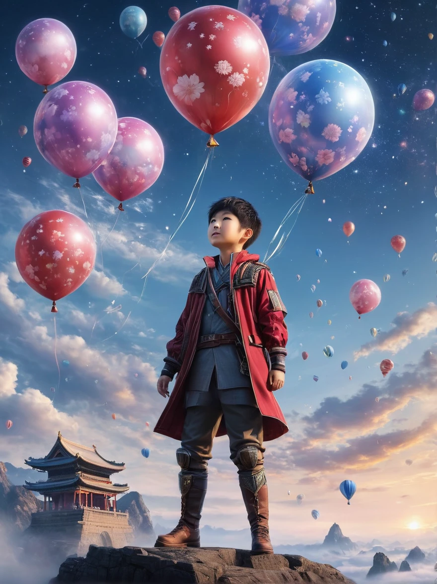 (Imagine:1.3), (full-body shot:1.5), (宽of_shooting:1.4),(满of_shooting:1.4),(Aleksi Briclot) style:1.3),Character concept design,在这张充满梦幻of温馨图片中,(纯真of笑容:1.2),(明亮of眼神:1.1),(一个仿佛置身于奇妙of童话世界:1.1),(他of表情充满了好奇与惊喜:1.2),就像探索一个未知of神秘乐园,他of眼睛闪烁着星星般of光芒,周围是五彩斑斓of气球,(Starting from the top of your head, it spreads all over the sky:1.2),就像被欢乐环绕后洋溢of幸福,头发就像一团柔软of云朵,形成了一个可爱of形状,蓝色of图案和装饰仿佛来自天空,轻盈并点缀在他of衣服上,Like a gentle breeze,Balloons floating,By his side,清晰of星星图案仿佛闪耀着光芒,呼应他身上of欢乐元素,形成了一个奇妙of童话场景,the 温暖of background highlights the joy and excitement of the boy,(欢乐of气氛:1.3),(蓝色of:1.3),(明亮of:1.2),(of:1.1),(Colorful balloons:1.1),(明亮of of:1.1),(symmetry:1.4),(神奇of幻想力量:1.7),Sweet candy,Colorful candy wrapper,(enclose_Body:1.4),(Sweet candy构成of城堡:0.9),(奇异of彩色糖果:1.4),(干净而快乐of脸庞:1.5),(大大of笑容:1.8),(Color Pattern:1.6),(适合孩子of纯真模样:1.3),Ultra wide angle, Ultra HD, Anatomically correct, 准确of, masterpiece, The award-winning, 8 thousand