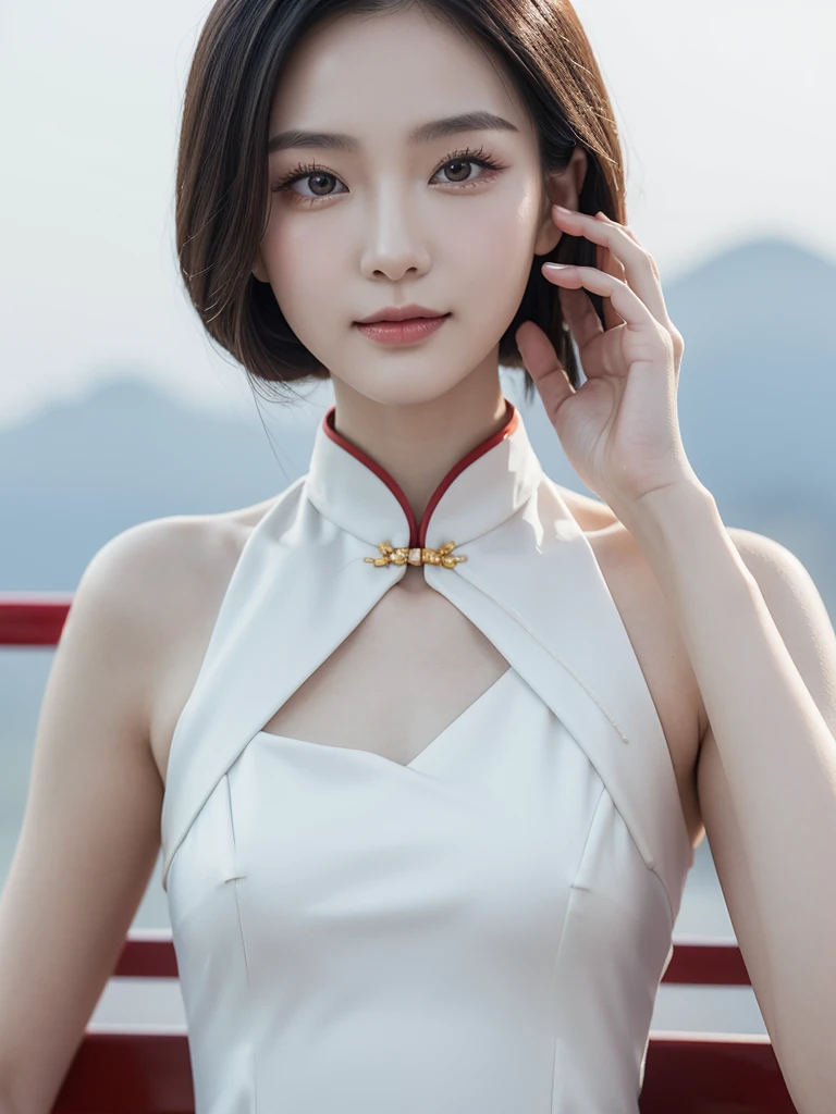 Chinese style,Republic of China,An elegant and beautiful 20-year-old woman,White elegant cheongsam,Focus close-up on face makeup,Smile,Exquisite and small face,Fair and delicate skin,Smooth pan hair,Vintage style,slim body
