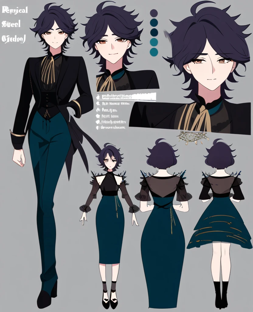 Make me an Ensemble Stars oc. Ensemble Stars art style. Give her short, messy, spikey dark teal hair, brown eyes. Dark yet formal outfit. Elegant, regal. Social anxiety. Reference sheet.