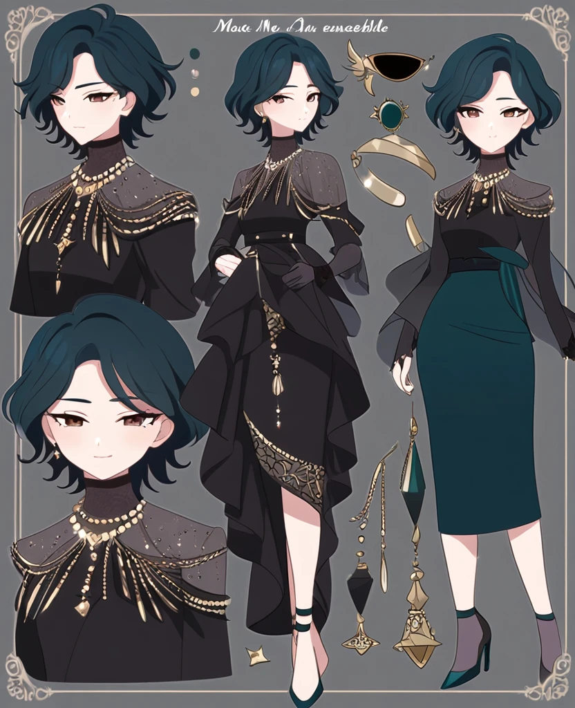Make me an Ensemble Stars oc. Ensemble Stars art style. Give her short, messy, spikey dark teal hair, brown eyes. Dark yet formal outfit. Elegant, regal. Social anxiety. Reference sheet.