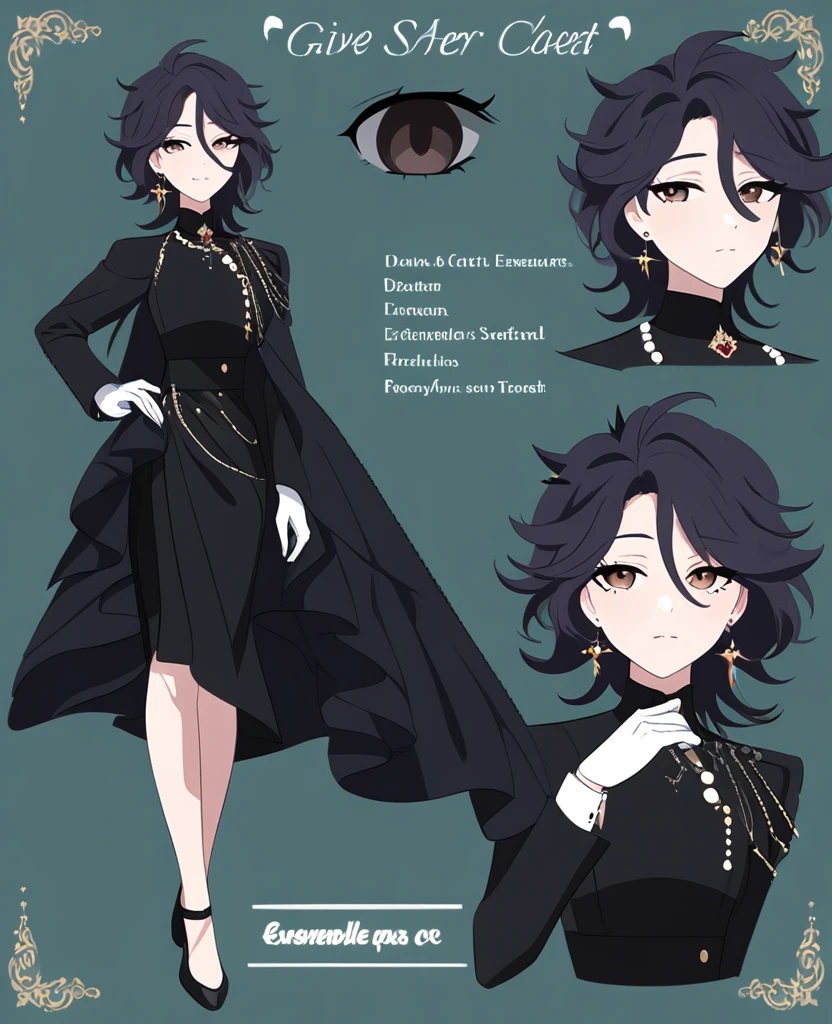 Make me an Ensemble Stars oc. Ensemble Stars art style. Give her short, messy, spikey dark teal hair, brown eyes. Dark yet formal outfit. Elegant, regal. Social anxiety. Reference sheet.