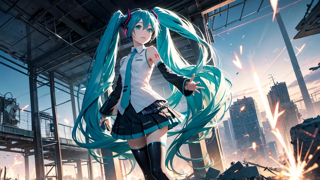 Hatsune Miku Stands Up、With falling sparks on the background of a ruined city、Heavy metal style cover image。