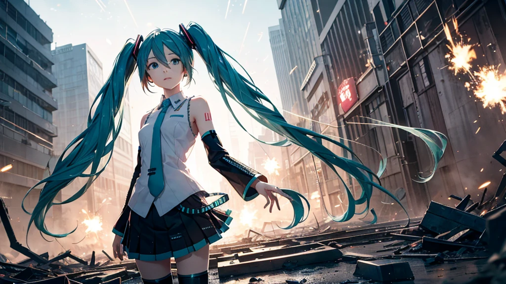 Hatsune Miku Stands Up、With falling sparks on the background of a ruined city、Heavy metal style cover image。