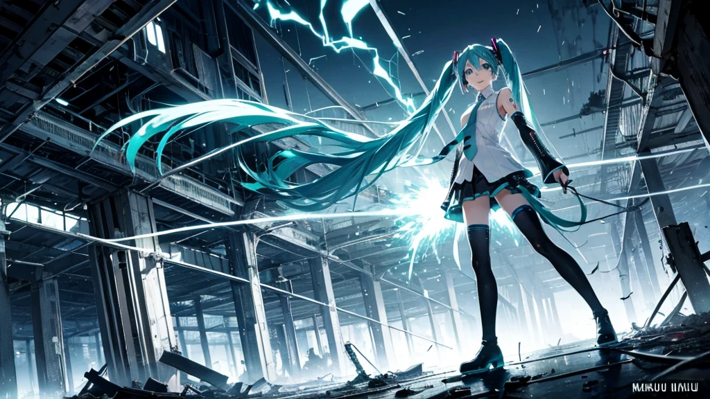 Hatsune Miku Stands Up、With falling sparks on the background of a ruined city、Heavy metal style cover image。