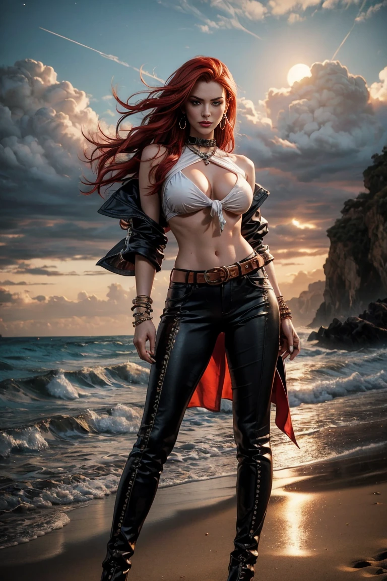 full body A woman with red hair and emerald eyes. She has an hourglass shape and poses dramatically. He wears a flowing white pirate shirt that sits low on his shoulders. His pants are leather and tight, with a seam on the side of the leg. He wears tall leather pirate boots. Her jewelry is gypsy style. he stands on the beach in the moonlight, fog, smoke, a dramatic scene