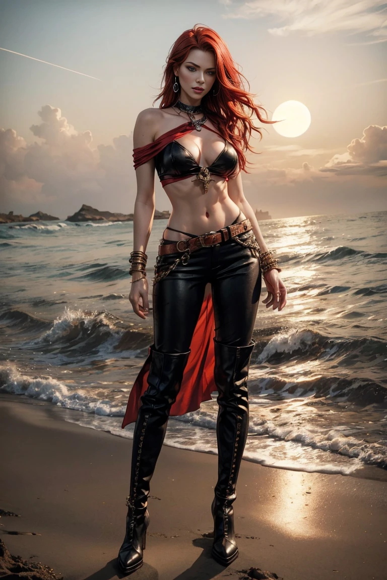 full body A woman with red hair and emerald eyes. She has an hourglass shape and poses dramatically. He wears a flowing white pirate shirt that sits low on his shoulders. His pants are leather and tight, with a seam on the side of the leg. He wears tall leather pirate boots. Her jewelry is gypsy style. he stands on the beach in the moonlight, fog, smoke, a dramatic scene