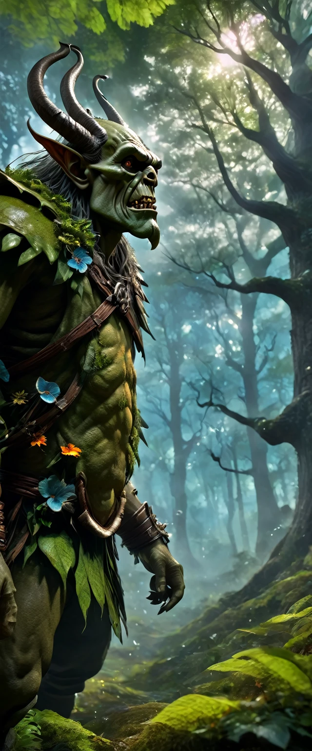 up close:1.3, (Masterpiece artwork:1.5),(best qualityer:1.6), (ultra high resolution:1.4), 1 strong and robust male ogre, dynamic pose, with shoulder pads and leather bones, large, sharp fangs, leather belt with skull , g-string, detailed illustration, intrikate, idyllic, magical elves in the forest:1.5, paisaje, cores Vibrants, dawn, rayos de sol pasando a través de los trees, folhas caindo das trees, dew on leaves and plants, clouds, (( magical, comely, de outro mundo, trees:1.4 )), (( best qualityer, Vibrant, 32k, clear and well-defined shadows)).(best qualityer,4K,8K,high resolution,Masterpiece artwork:1.2),ultra detaild,(realisitic,fotorrealisitic,photo-realisitic:1.37),very highly detailed face,extremely detailed facial features,textura de pele hiper-realisitic,extremely fine details,detalhes intrikates,detailedeyes,detailed nose,Detailed lips,Detailed facial expressions,complex facial anatomy,intense lighting,dramatic lighting,Lighting change,cinematic lighting,chiaroscuro lighting,dramatic shadows,Dramatic moments,bright coloured,intense colors,deep contrast,Cinematic depth of field,film composition,Cinematic Camera Angle, flute being played in the middle of the image