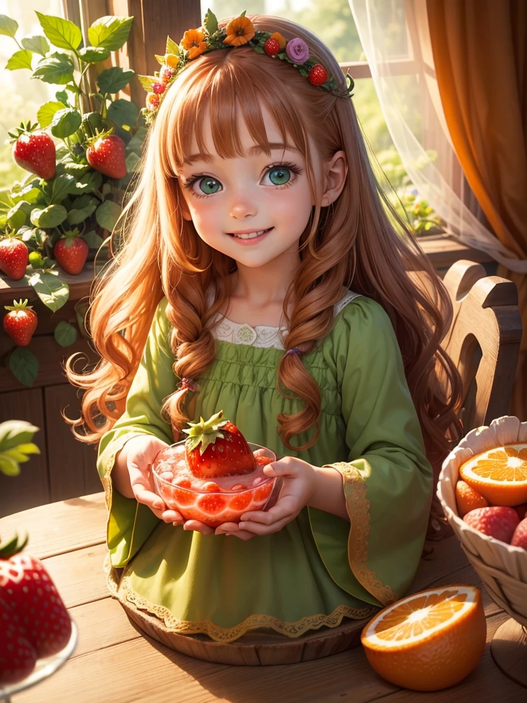 Best picture quality, detailed eyes, long eyelashes, fairy tale world, big jellies with lots of strawberries and fruits, a young 5  girl laughing and eating jellies, happy smile, best smile, very pretty and innocent girl, long chestnut hair, amazingly very big round green glowingeyes, a lively birthday party, orange summer flowers blooming outside the window,