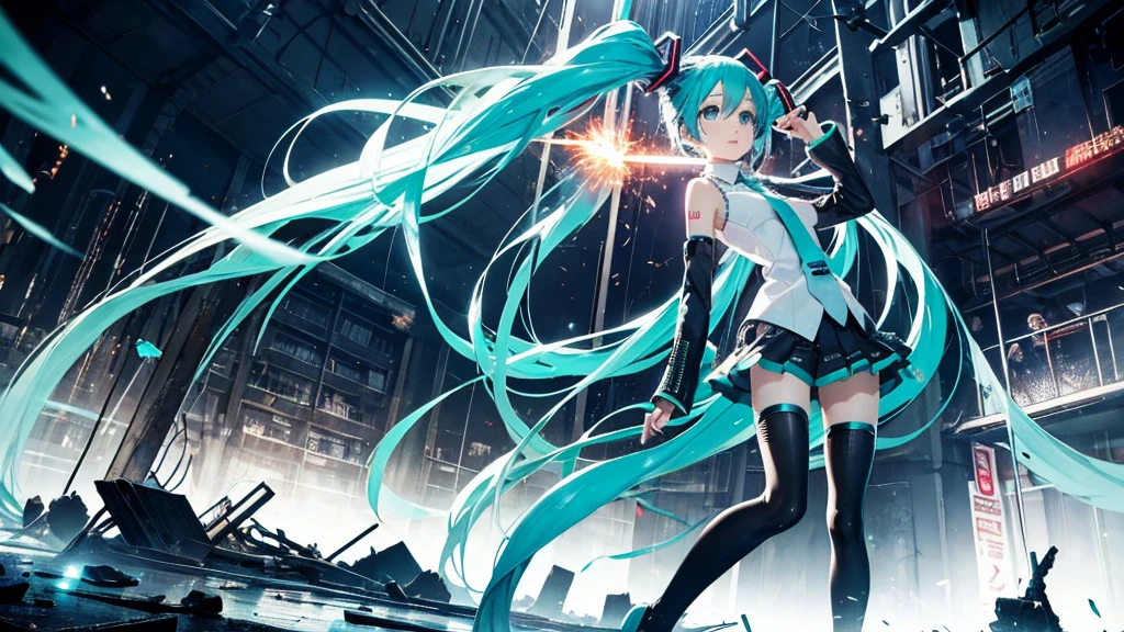 Hatsune Miku Stands Up、With falling sparks on the background of a ruined city、Heavy metal style cover image。