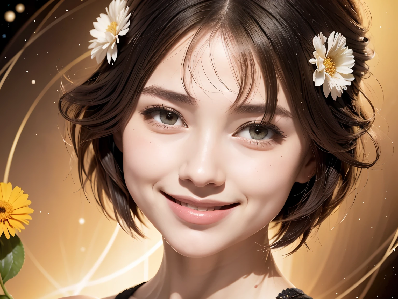 257 20-year-old female, (short hair),(Abstract background,Fractal Art), smile, flower