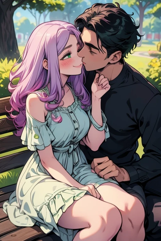 One woman. One man. Perfect face. Perfect hands. A light purple haired woman with green eyes with an hourglass figure and long hair in a frilly summer dress is smiling while kissing a black haired man with green eyes in a rolled up shirt and cargo pants on a park bench in the park with a blush