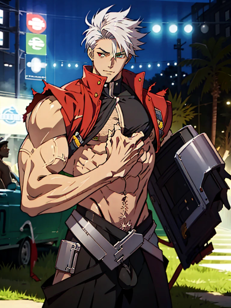 (masterpiece, best quality:1.2), 1boy, solo, bara, penis, muscular, erection, biceps, fullbody, large pectorals, big muscles, thick, ragna the bloodedge, red eyes, green eyes, heterochromia, white hair, short hair, spiked hair, 1boy, red jacket, open jacket, black shirt, belt, black gloves, black hakama, 4k, unzipped pants, penis out of pantsm awesome muscles, very buffed, thick arms,