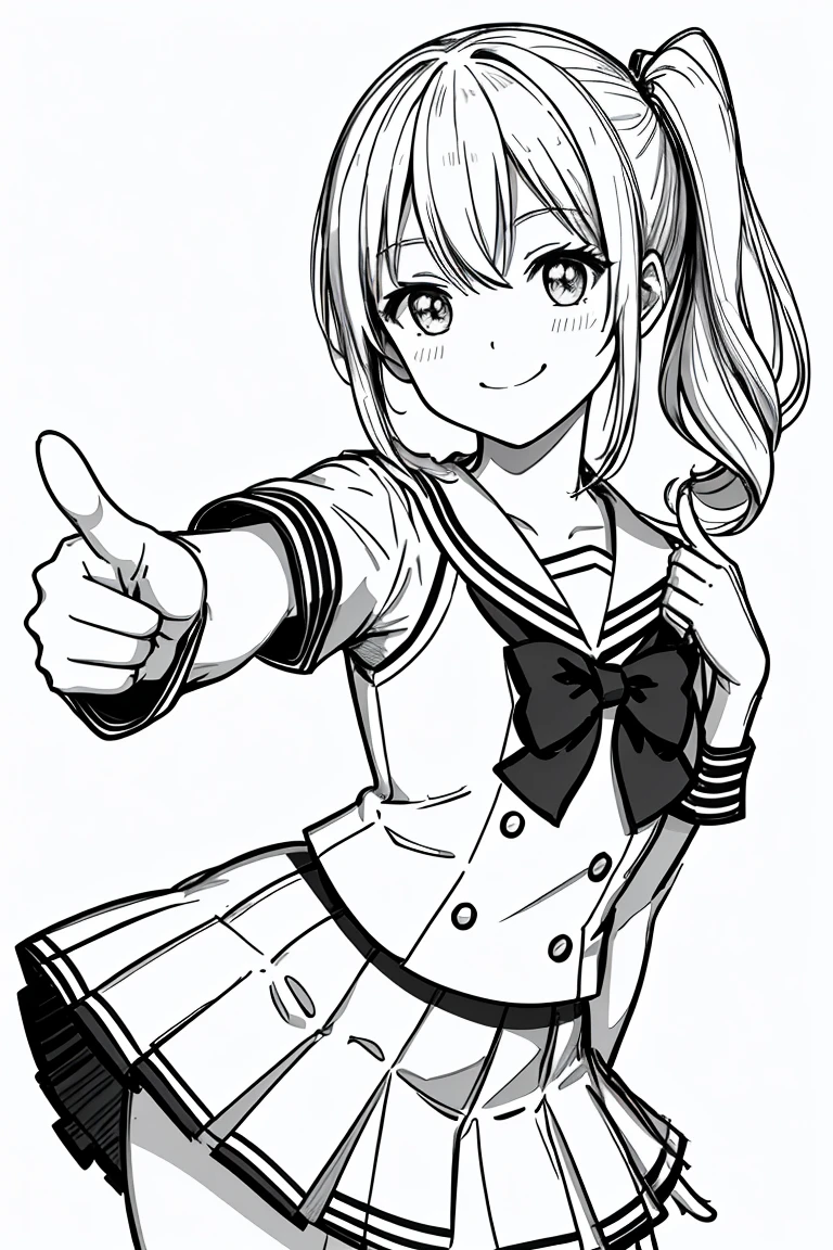 masterpiece,, One Girl, alone, short, White Background, Monochrome, Line art, ((sketch))、Look forward、Wear a sailor uniform、smile、Thumbs up、Side Ponytail、Wink