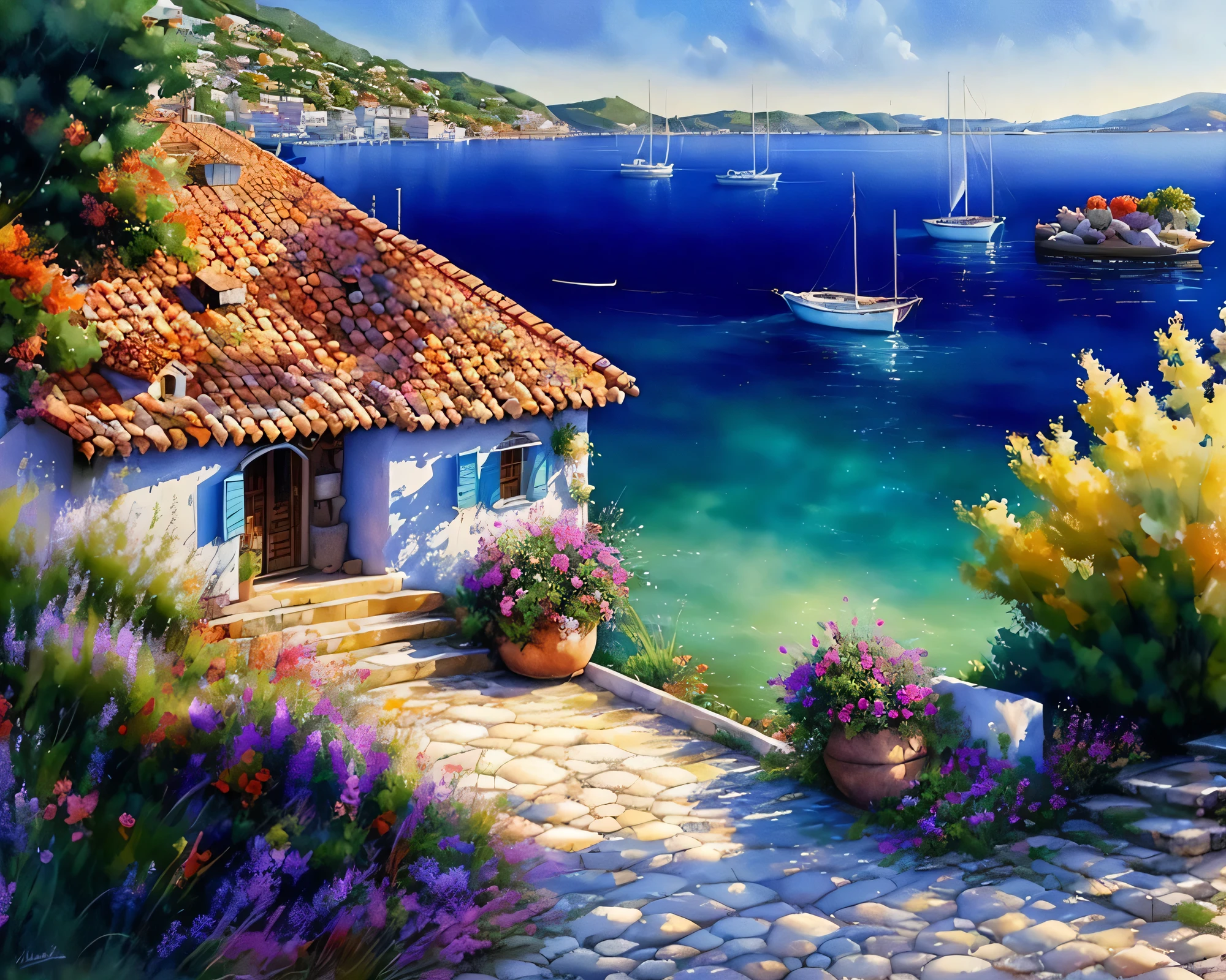 Painting of a street with flowers and a boat in the water, Landscape Art Detail, Summer street near the beach, Landscape Artwork, mediterranean vista, 在mediterranean vista中, mediterranean island scenery, Beautiful city view, Flowers everywhere, The colors are brilliant and rich, Colorful landscape paintings, Beautiful painting, mediterranean vista, Vibrant gouache landscape, Beautiful scenery, Outdoor tropical city view