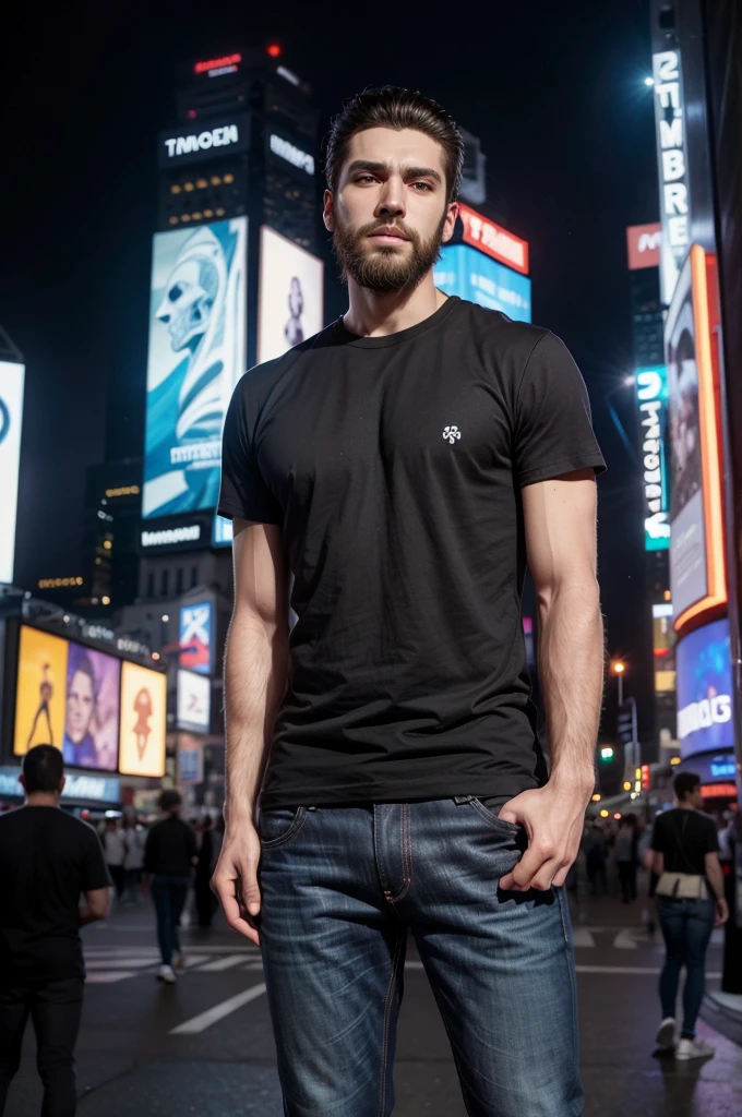 a model, wearing a slim black t-shirt and jeans, white sneakers, posing in front of time square, male skull, face with defined jaw and wide chin, full beard and well groomed