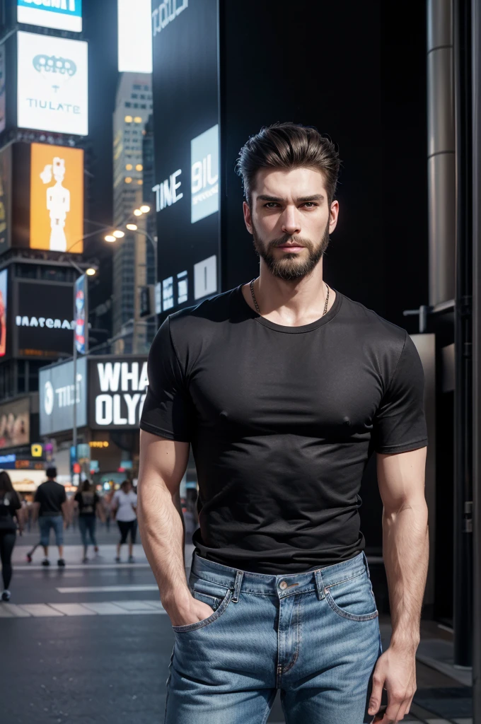 a model, wearing a slim black t-shirt and jeans, white sneakers, posing in front of time square, male skull, face with defined jaw and wide chin, full beard and well groomed