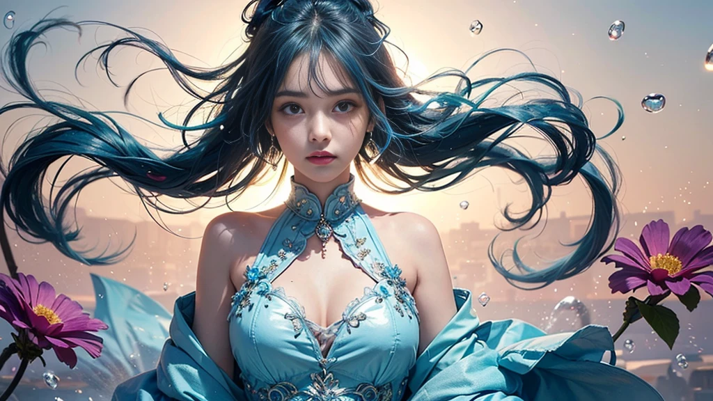 (masterpiece), (Highest quality), (Very detailed), (Disheveled Hair), (shape), (One Girl), (Fashionable clothes), Are standing, Fashion Model, Beholder, (interview), (Simple Background), Beautiful and beautiful eyes, Delicate and beautiful face, floating, (High chroma), (Colorful Splash), Colorful bubbles, (Shine), Focus on the face, ponytail, Light blue hair, bangs, Hair Ring, floating Flowers, floating Hairs, (The Shining), Best lighting, Best Shadow, Big, firm, swaying breasts