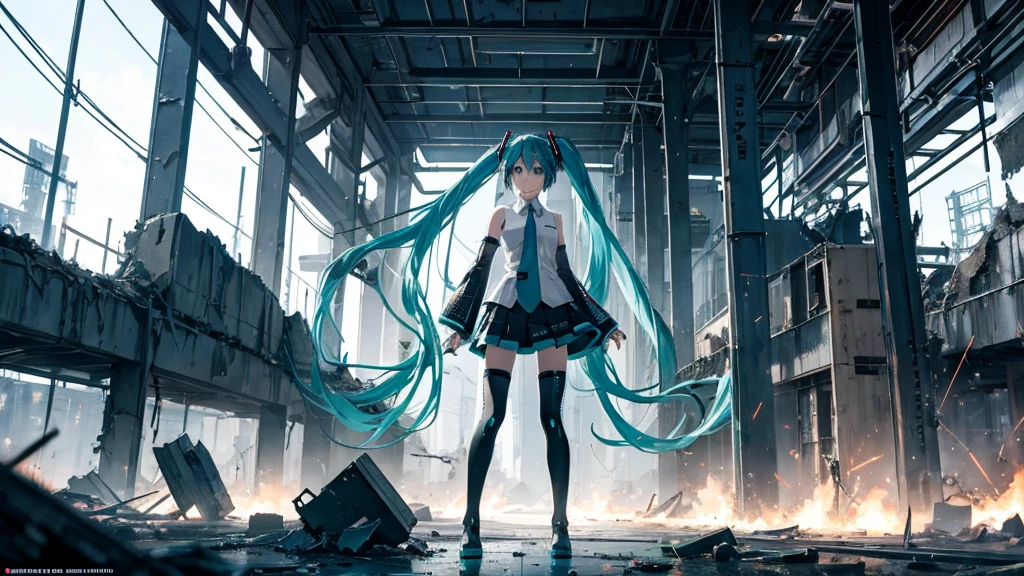 Hatsune Miku Stands Up、With falling sparks on the background of a ruined city、Heavy metal style cover image。