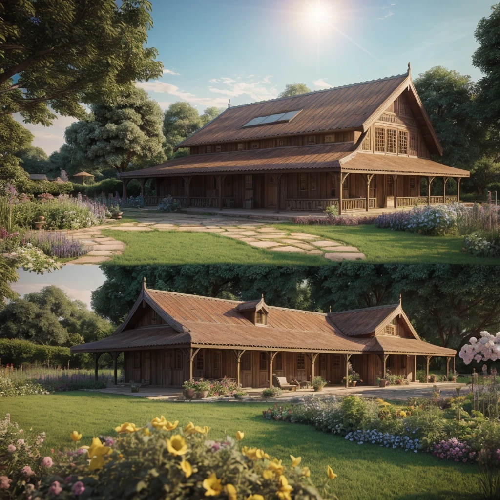 A photo of ancient garden house, wooden house, around vegetable garden house, flowers, trees, vegetation, corona rendering, 3ds max, wide view, sunny sky, sunset environment, sunny movie, natural light RAW photo, 8k uhd, dslr, soft lighting, high quality, film grain, Fujifilm XT3