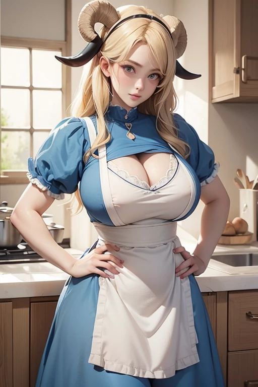 (((Full and soft breasts,)))(((Huge breasts))) (((Cleavage))) (Perfect curvy figure)Fraction_9, Fraction_8_up, src_Japanese cartoons, 1 Girl, Solitary, Wolf Sheep, Blonde hair, blue eyes, trumpet, Lamb ears, blush, apron, Blue Dress, Mature, Shy, kitchen, Short sleeve, Puff sleeves, Hands on hips, Curvy beauty, Looking at the audience