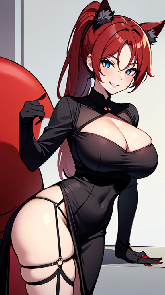 ,milf,red hair , ponytail hair, black cat ears ,sexy dress, blue eyes, big breasts, correct anatomy,milf smile,