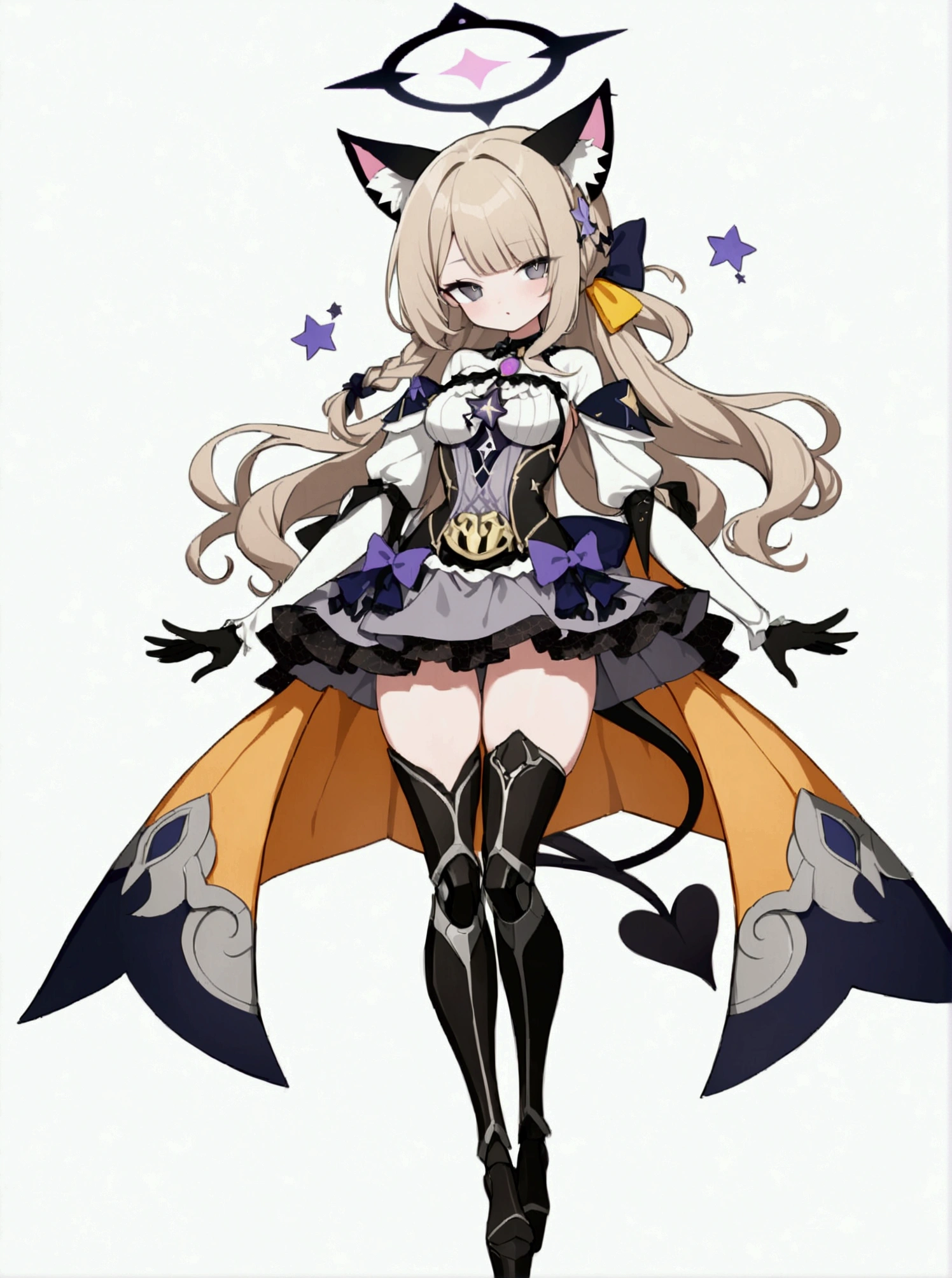 woman 170 cm tall. medium chest, wide hip, slim build, ((whole body)). (((character design sheet: front view))). (dark blonde hair, (hip-length wavy hair with asymmetrical bangs), (She has a short braid tied with an elegant purple bow on the left side of her hair above her chest). (She has a short braid tied with an elegant purple bow on the right side of her hair above her chest). She has small ribbons in the back of her hair..). ((Gray eyes with a pink 4-pointed star in the pupil.)). Two black and purple serval ears located on the top of the head. (Luminous black halo with purple star patterns above his head). He has a black collar with a heart emblem on his neck.. (Elegant one-piece long dress with lace and ruffle thigh-high skirt, ribbon decorations and star patterns on the dress). black gloves, beautiful black platform heels. gray belt at the waist with a large ribbon with a luminous pink heart in the middle. (It has a beautiful succubus tail with a small purple star on the tip.). ((It has complex mechanical legs that reach up to the thighs and are black with small purple details..)). beautiful detailed hair, beautiful detailed dress. extremely detailed arms. extremely detailed face, small face, Beautiful detailed eyes, beautiful detailed lips. adorable. extremely detailed legs. (Best Quality, 4k, high resolution), ultra detailed, Exquisite and epic character art., ((White background)). (Focus on symmetry).