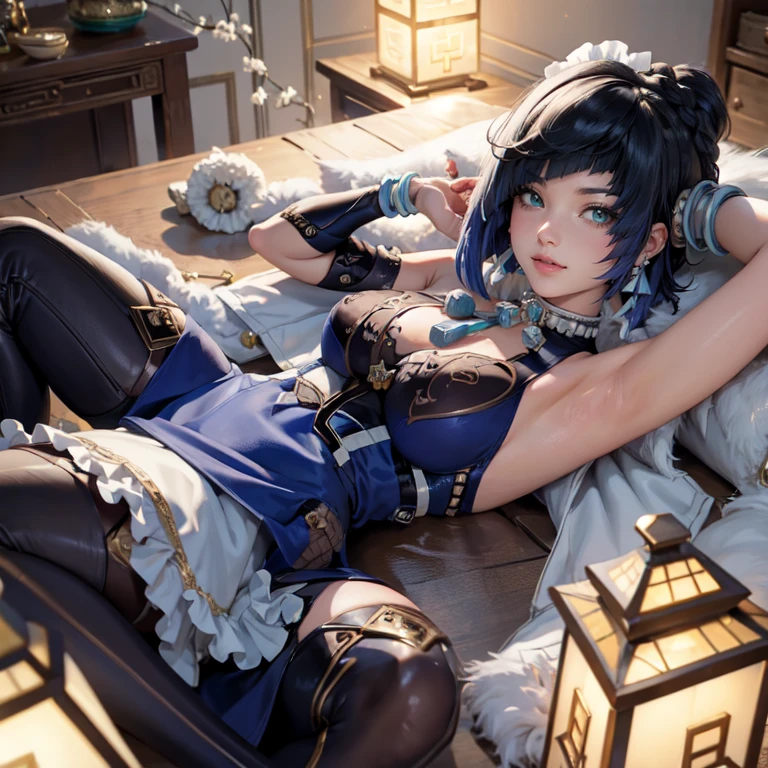 Yelan_(genshin impact), 1girl, white roses, ornament hair, roses on her hair, maid, maid dress, maid headdress, maid apron, navy hair, short hair, laying down on the bed, bedroom scene, Chinese maid dress, gold lantern, navy dress, more details on her clothes, golden details, night, smiling, coat, chinese style, solo, alone, crystal, curtains, full moon on the sky, laces, frills, sparkles, fireflies, laying down on the bed, chinese architecture on the background, white roses on the floor, bedroom scenery, solo, 1 girl