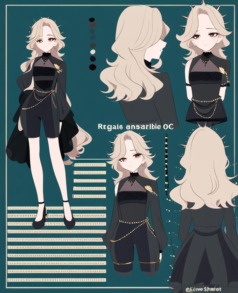 Make me an Ensemble Stars oc. Ensemble Stars art style. Give her short, messy, spikey dark teal hair, brown eyes. Dark yet formal outfit. Elegant, regal. Shorts. Female Social anxiety. Anxious. Reference sheet. 