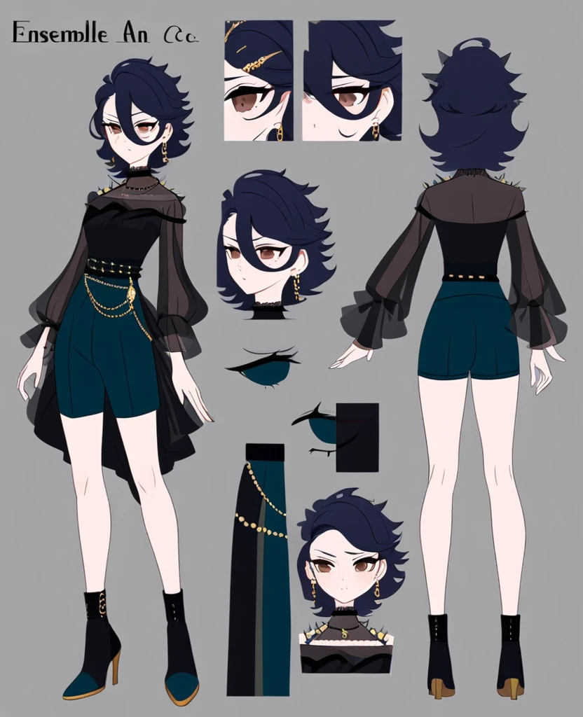 Make me an Ensemble Stars oc. Ensemble Stars art style. Give her short, messy, spikey dark teal hair, brown eyes. Dark yet formal outfit. Elegant, regal. Shorts. Female Social anxiety. Anxious. Reference sheet.