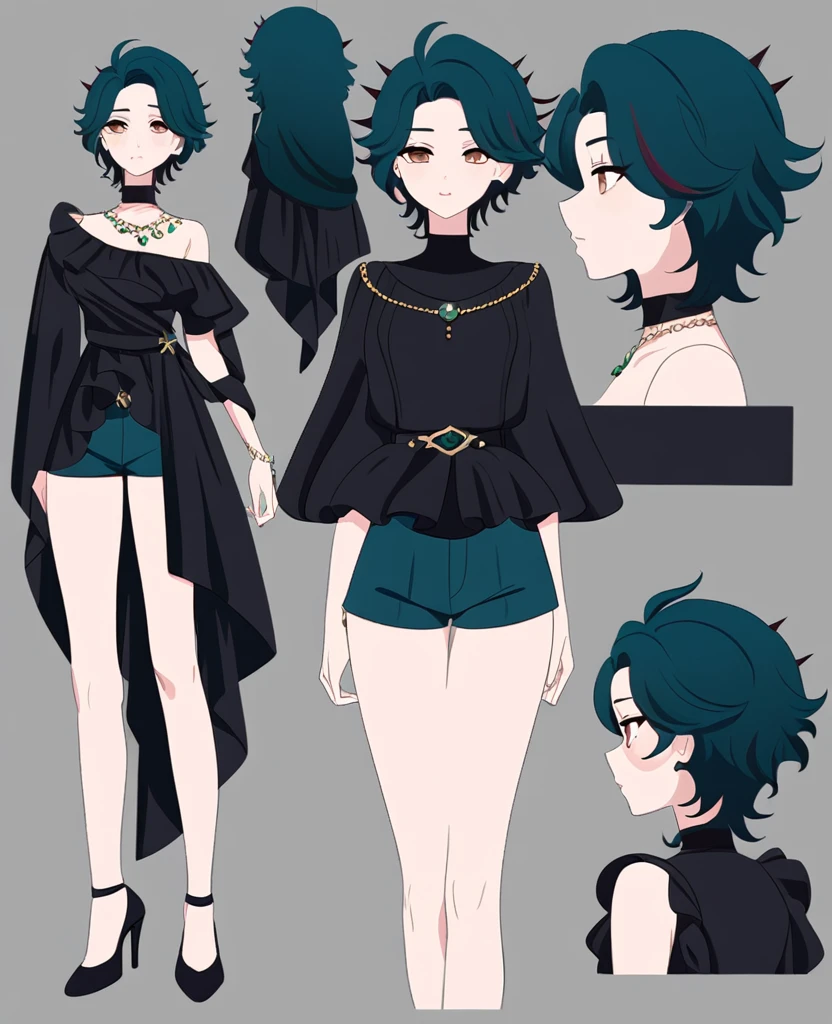 Make me an Ensemble Stars oc. Ensemble Stars art style. Give her short, messy, spikey dark teal hair, brown eyes. Dark yet formal outfit. Elegant, regal. Shorts. Female Social anxiety. Anxious. Reference sheet.