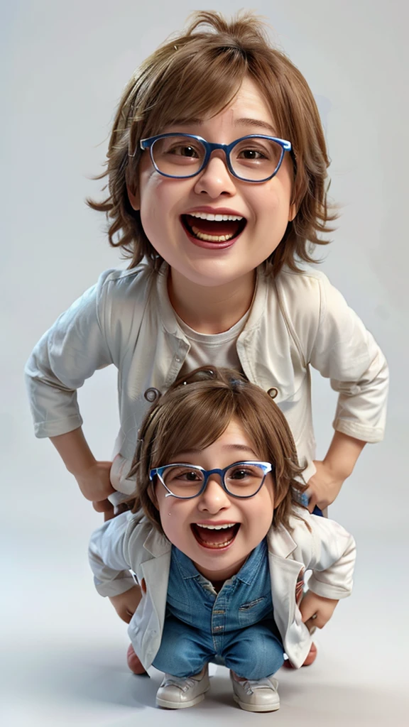 a cartoon boy with glasses and a white coat is screaming on a blue background 3d illustration royalty illustration, excited expression, 3 d cartoon, animation character, cute cartoon character, laughing hysterically, laughing, some are crying of joy, he is screaming, 3d animated, 3 d animated, cute 3 d render, he is very happy, accurate depiction, excited