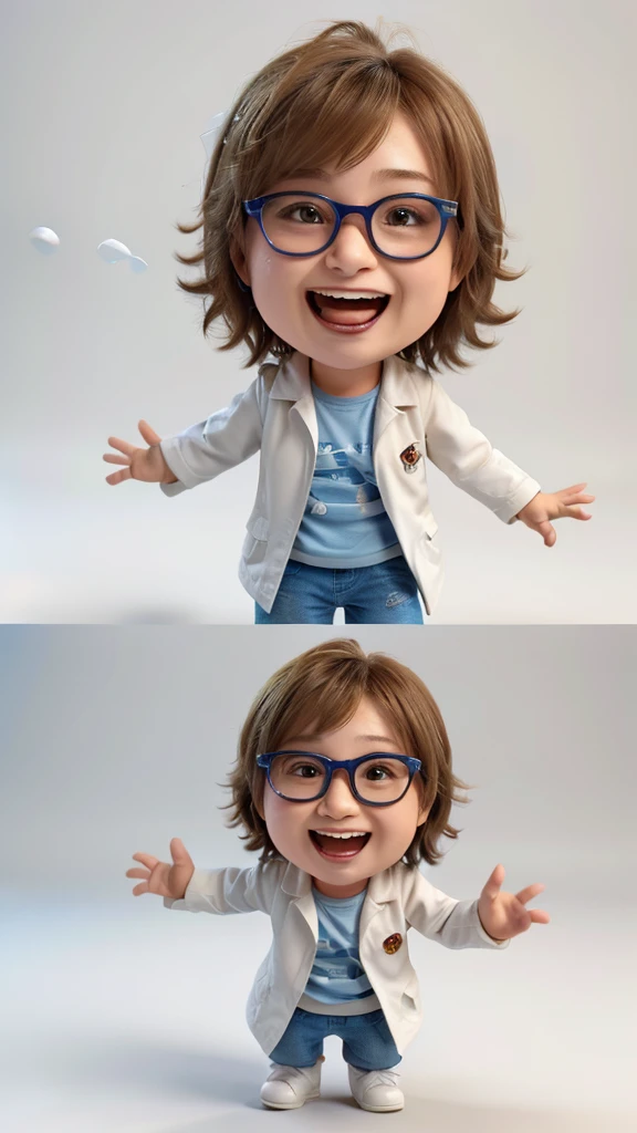 a cartoon boy with glasses and a white coat is screaming on a blue background 3d illustration royalty illustration, excited expression, 3 d cartoon, animation character, cute cartoon character, laughing hysterically, laughing, some are crying of joy, he is screaming, 3d animated, 3 d animated, cute 3 d render, he is very happy, accurate depiction, excited