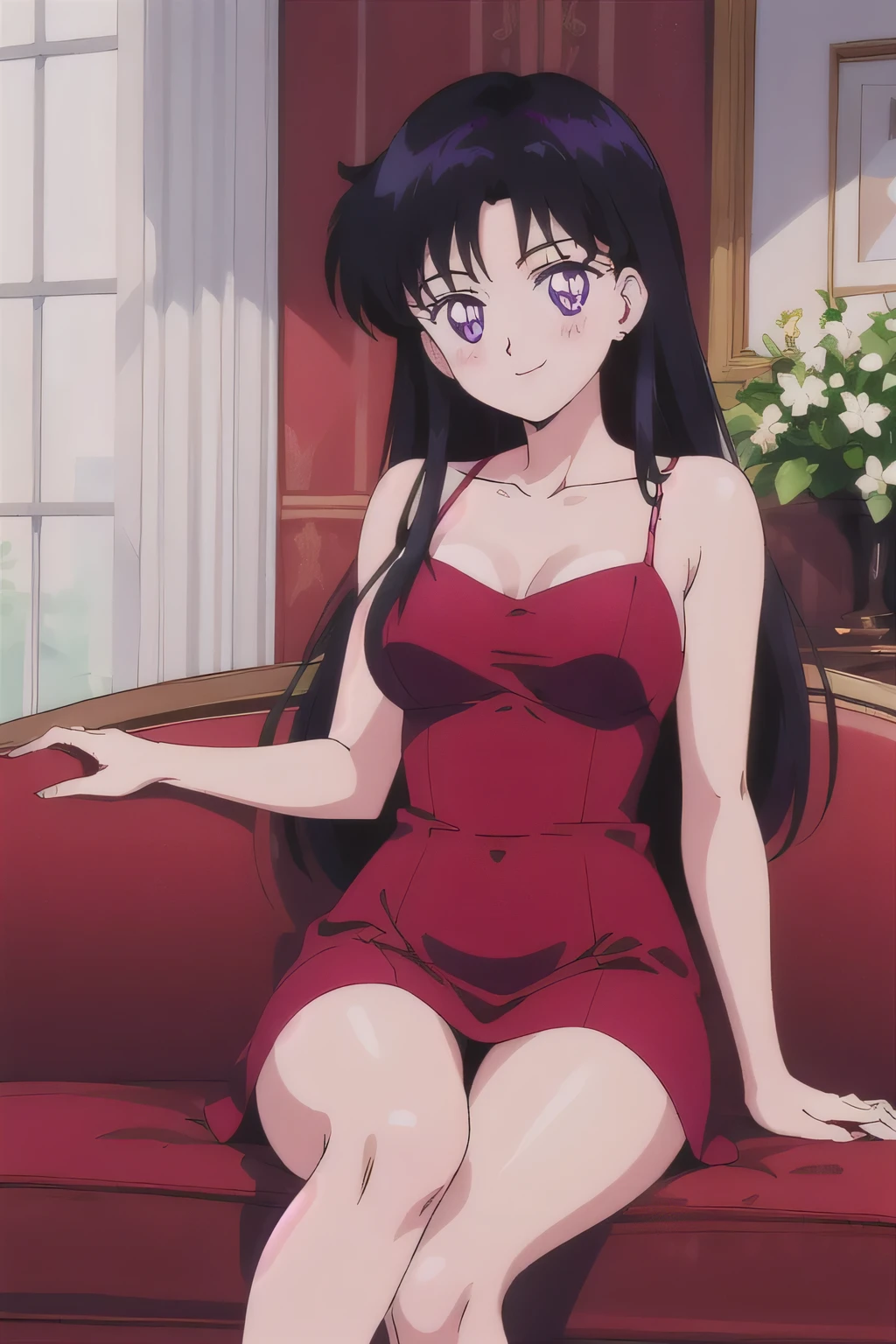 1990s \(style\), Best quality, masterpiece, Teenager, Rei Hino, Long black hair, purple eyes, Smile, Bare Neck, Bare Arms, Bare Shoulders, red dress, taut dress, spaghetti strap red dress, sleeveless, medium breast, sitting on a pink couch, blush, looking at viewer, indoor, in the center