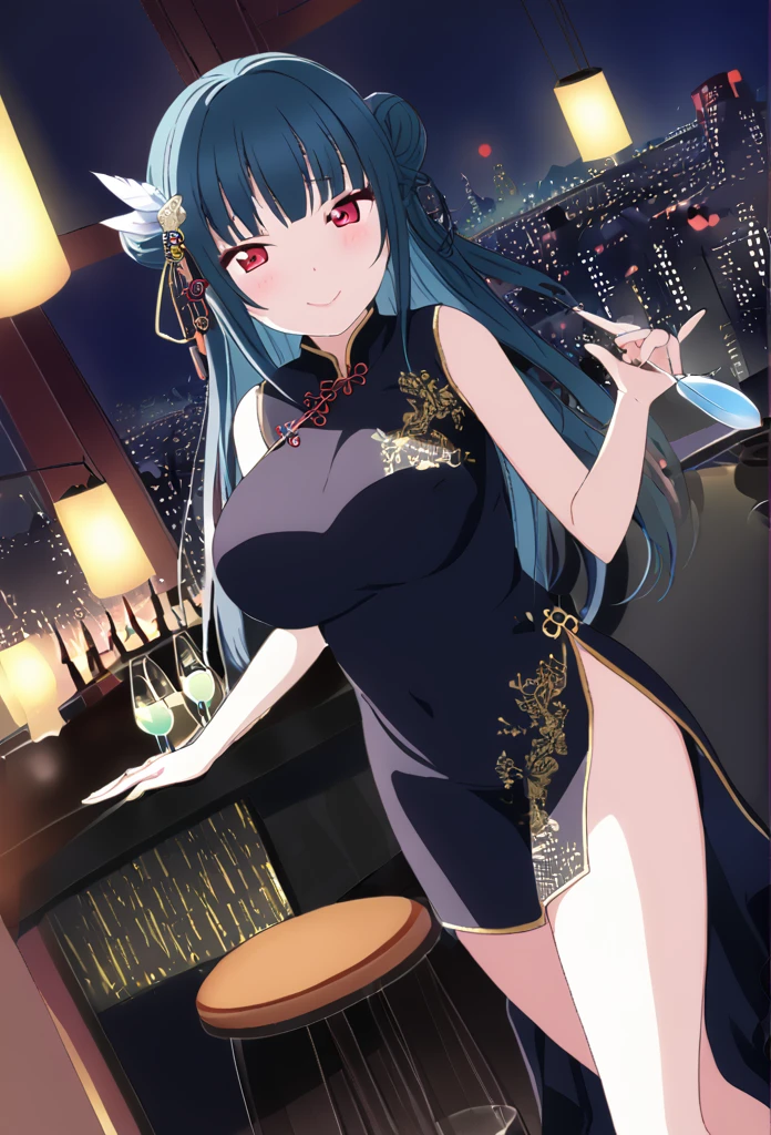 Yoshiko Tsushima　Blue Hair　Red Eye　Semi-long hair　One-sided bun hairstyle　feather hair accessories　Black Chinese Dress　Cocktail Bar　Holding a light blue cocktail　smile　Huge breasts　Room lighting　City night view