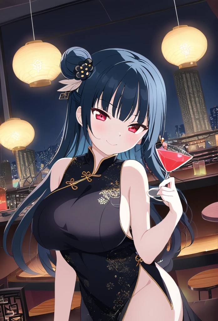 Yoshiko Tsushima　Blue Hair　Red Eye　Semi-long hair　One-sided bun hairstyle　feather hair accessories　Black Chinese Dress　Cocktail Bar　Holding a light blue cocktail　smile　Huge breasts　Room lighting　City night view