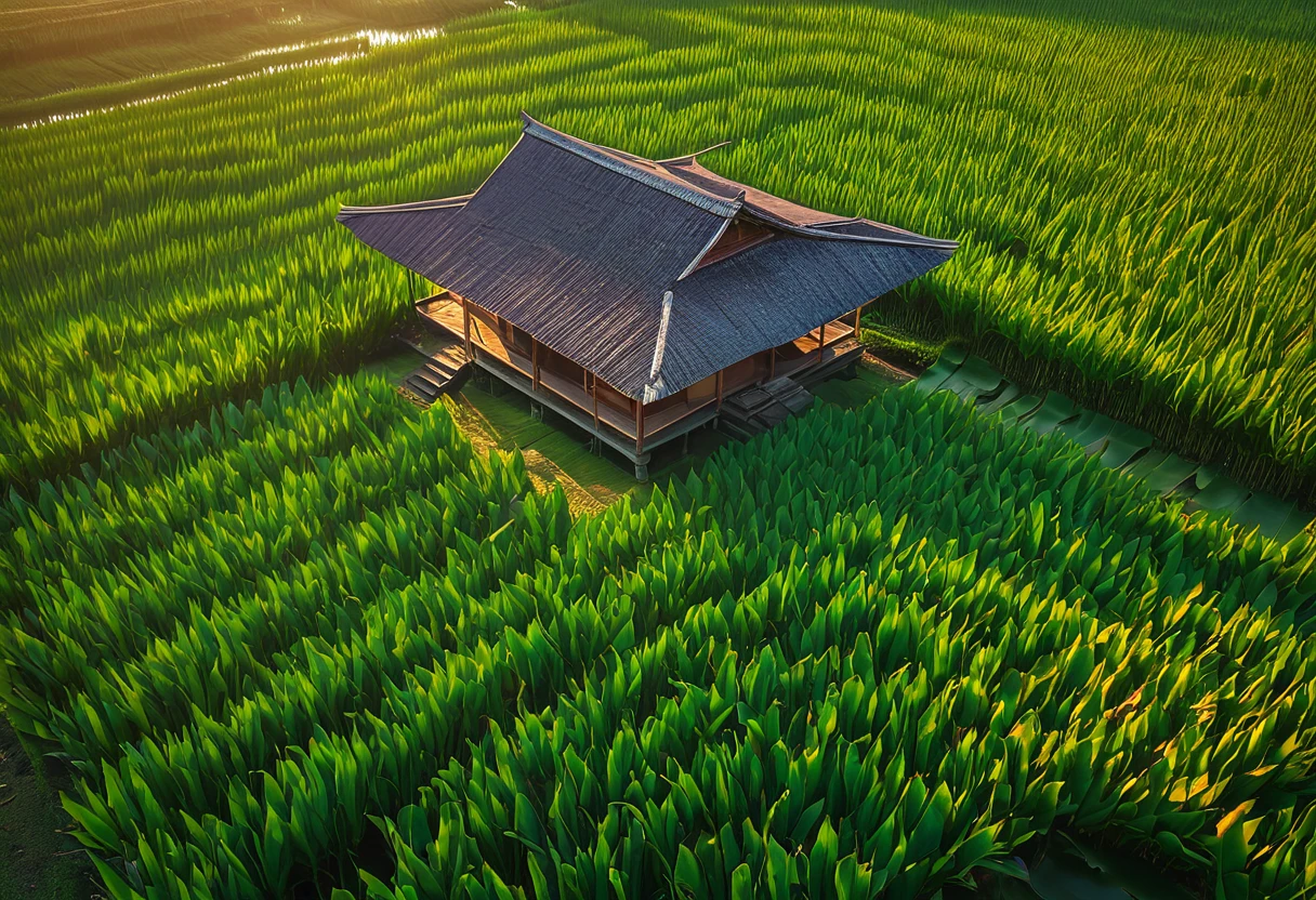 Generate a highly detailed and cinematic photo of a house without walls, featuring a roof made from banana leaves, situated on a narrow path between rice paddies. The scene is set during the golden hour of the late afternoon, with warm, soft sunlight casting long shadows and creating a serene atmosphere. The house structure should be simple and rustic, supported by wooden poles, and the banana leaf roof should be lush and green. Surrounding the house are vibrant green rice fields, gently swaying in the breeze. The sky is painted with hues of orange, pink, and purple as the sun begins to set, reflecting off the water in the paddies and adding a magical glow to the scene. This photo should capture the tranquil beauty of rural life, emphasizing the harmony between the man-made structure and the natural environment.