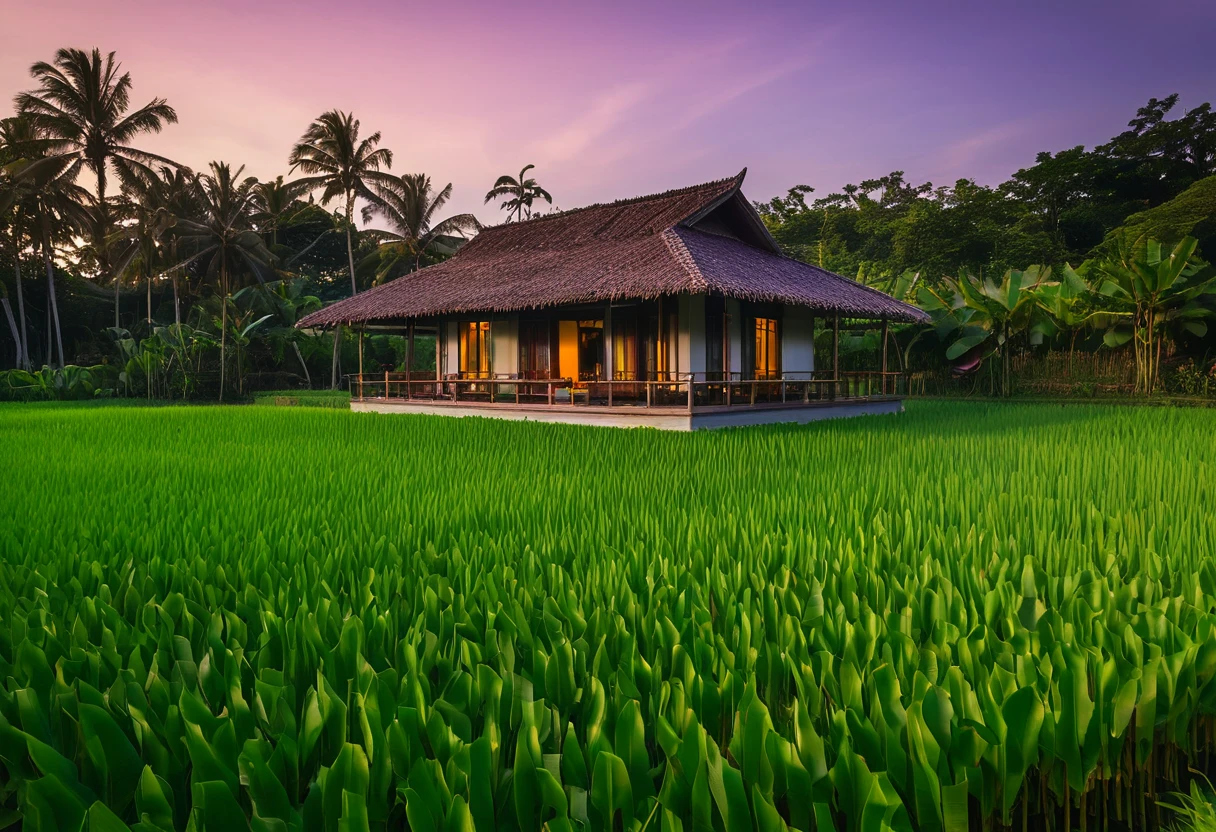 Generate a highly detailed and cinematic photo of a house without walls, featuring a roof made from banana leaves, situated on a narrow path between rice paddies. The scene is set during the golden hour of the late afternoon, with warm, soft sunlight casting long shadows and creating a serene atmosphere. The house structure should be simple and rustic, supported by wooden poles, and the banana leaf roof should be lush and green. Surrounding the house are vibrant green rice fields, gently swaying in the breeze. The sky is painted with hues of orange, pink, and purple as the sun begins to set, reflecting off the water in the paddies and adding a magical glow to the scene. This photo should capture the tranquil beauty of rural life, emphasizing the harmony between the man-made structure and the natural environment.