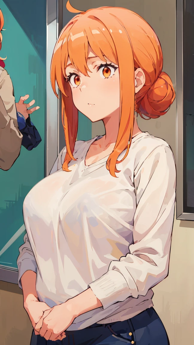 (Highest quality, 8K, masterpiece :1.3),Mrs. Yuigahama,ガハMom, As I expected, my youth romantic comedy is wrong。, One woman,Bun Hair,30 years old,Mom,Orange Hair,nsfw,Plump body,