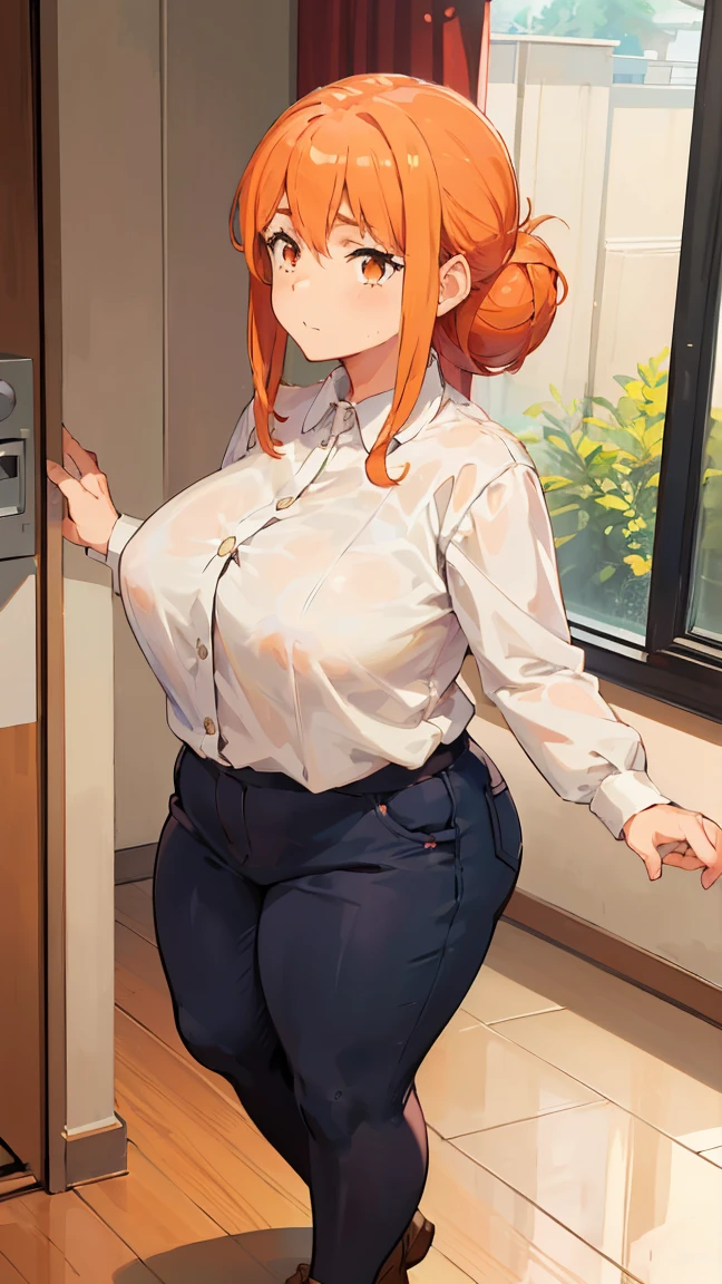 (Highest quality, 8K, masterpiece :1.3),Mrs. Yuigahama,ガハMom, As I expected, my youth romantic comedy is wrong。, One woman,Bun Hair,30 years old,Mom,Orange Hair,nsfw,Plump body,