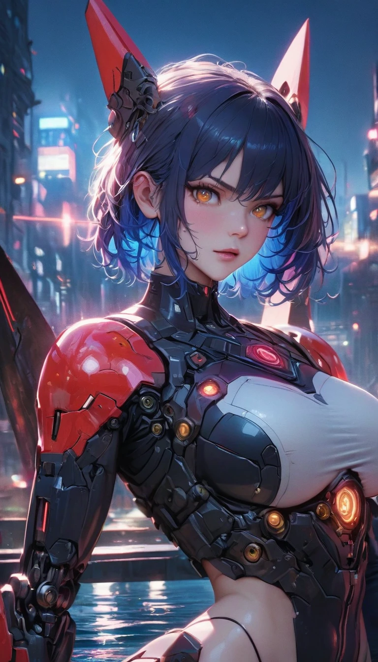 best quality,4k,8k, highres, masterpiece:1.2), extremely detailed eyes, extremely detailed body, (large masterpiece digital art), (detailed manga illustration), (detailed line art), ((perfect anatomy)), (intricate details:1.3), (ultra-detailed:1.3), (illustration:1.3), (sharp focus:1.3), (natural lighting:1.05), (vivid colors:1.3), (masterpiece), (best quality:1.4), (perfect anatomy:1.4), high quality, expressive eyes, full body, tall girl, detailed face, beautiful face, perfect face, breasts, gloves, large breasts, cyberpunk, (black armor), mystic red armor, short hair, ((pale skin)), messy hair, detailed ((dark blue hair)), (honeydew hair), multicolored hair, two-toned hair, detailed eyes, (amber eyes), hourglass physique, mecha musume, fortified suit, mechanical parts, headgear, robot joints, bodysuit, deva battle suit, gloves, thick thighs, toned, emblem, superhero, dynamic lighting, 4k resolution, dynamic pose, weapon, energy weapon portrait, Jeff Bridges, ((cartoon style)), Marvel Cinematic Universe style, (((sci-fi city on the water in the background))), soft bokeh of futuristic city, Atey Ghailan, Jeremy Mann, Greg Manchess, Antonio Moro, trend in ArtStation, trend in CGSociety, Intricate, High Detail, Sharp focus, dramatic and photorealistic painting art by Midjourney and Greg Rutkowski, bokeh in the background