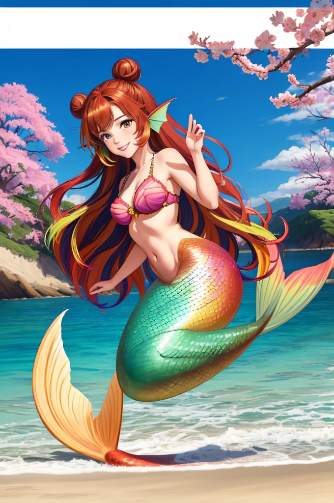 masterpiece, best quality:1.2), 1girl, smile, looking at viewer, brown hair in one bun with hair sticks, golden eyes, multicolored hair, mermaid, multicolored golden mermaid tail, laying on beach, fin ears, head fins, seashell bra, under cherry blossoms